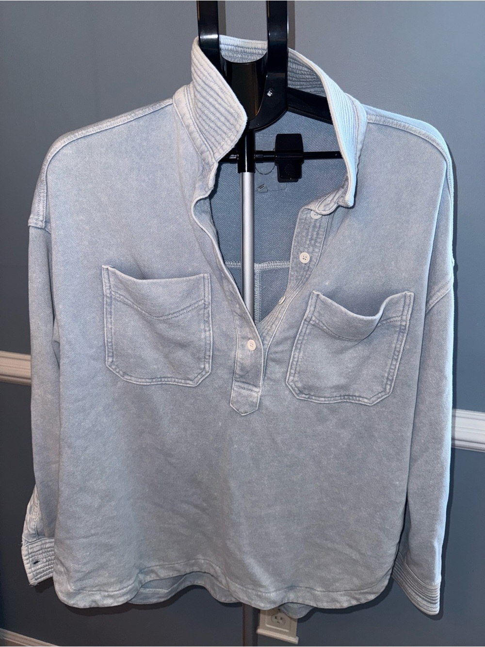 Aerie Oversized Washed Henley Polo Sweatshirt Light Blue Size Small